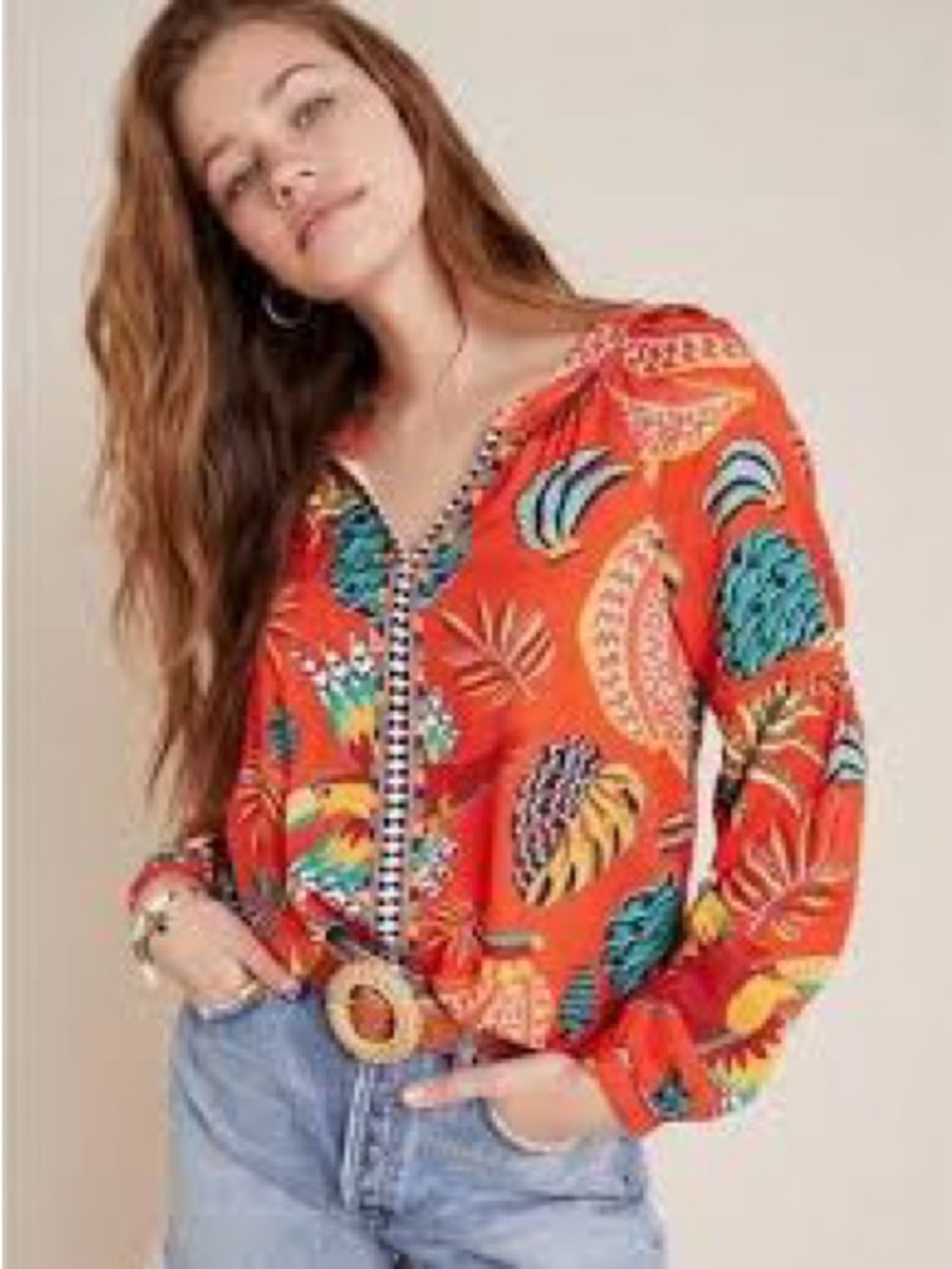 Farm Rio for Anthropologie Angela Blouse Size Medium Orange Tropical Print